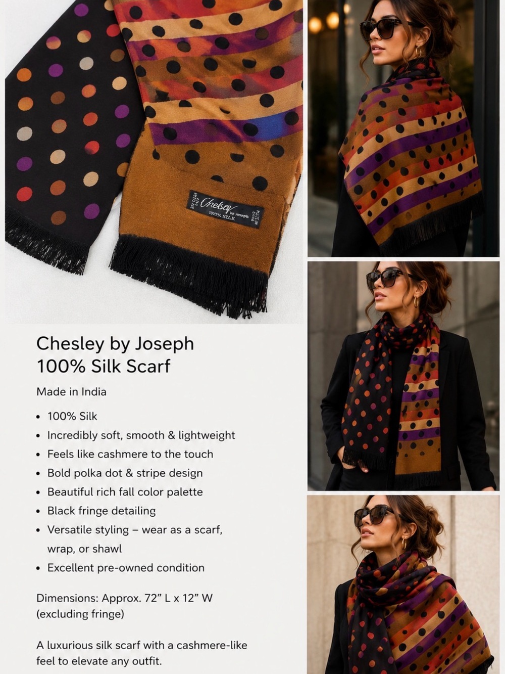 Silk Polka Dot & Stripe Scarf - Black & Rust - Picture 2 of 6